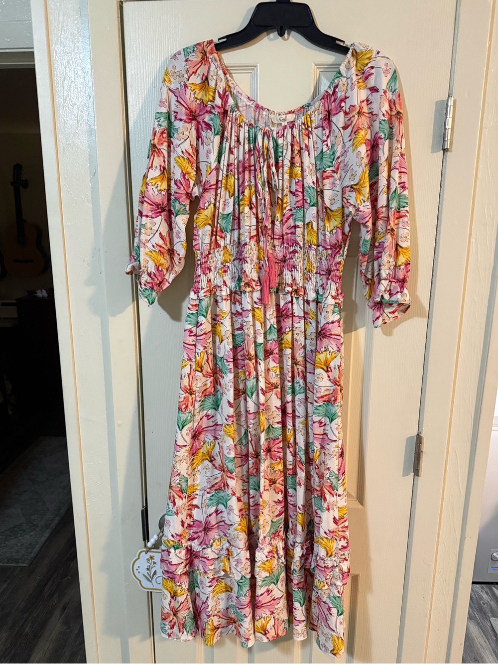 easel Floral Smocked Maxi Dress in Pink, Yellow & Green